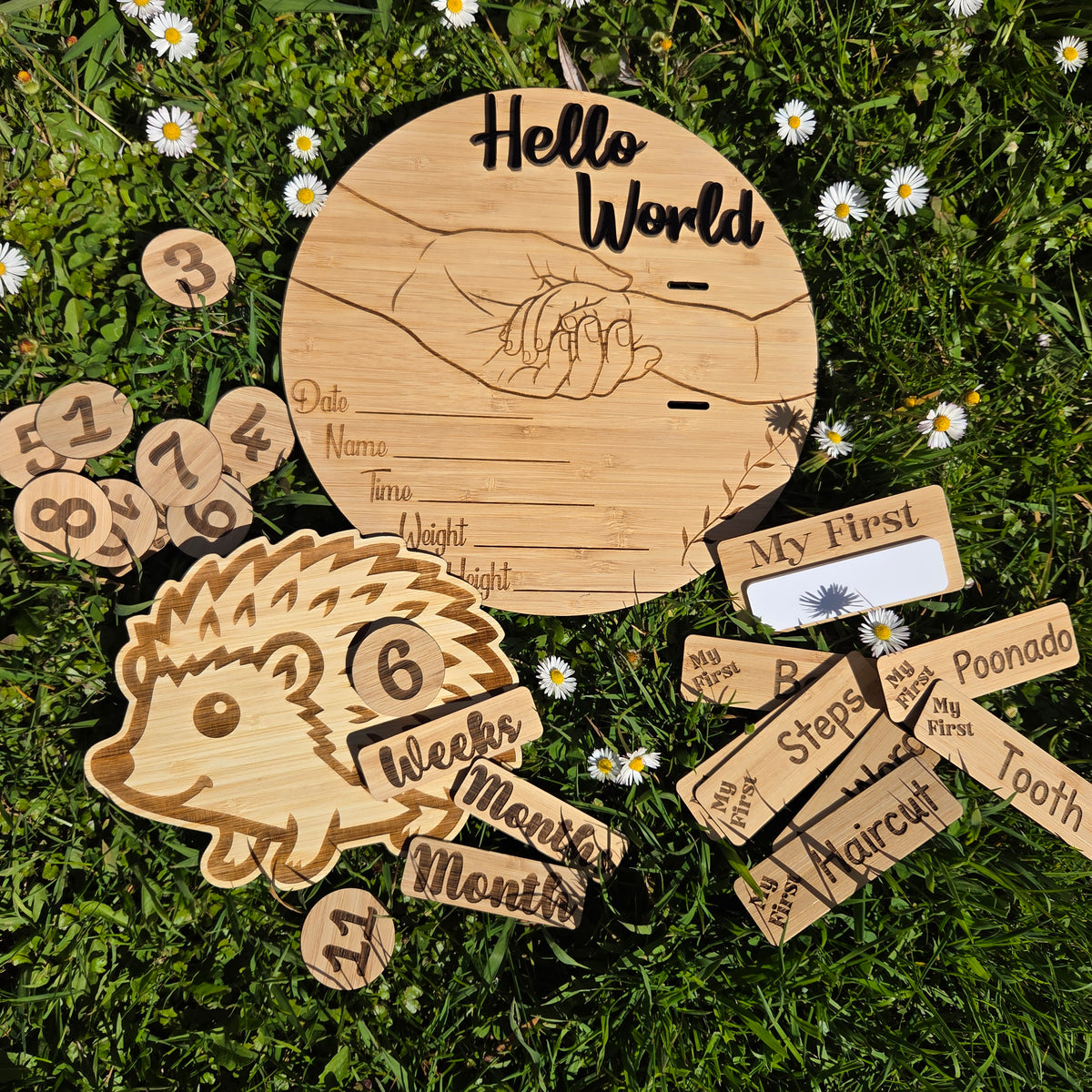 Wooden Baby Milestone Discs & Birth Announcement Set,  Nursery Keepsake Bundle