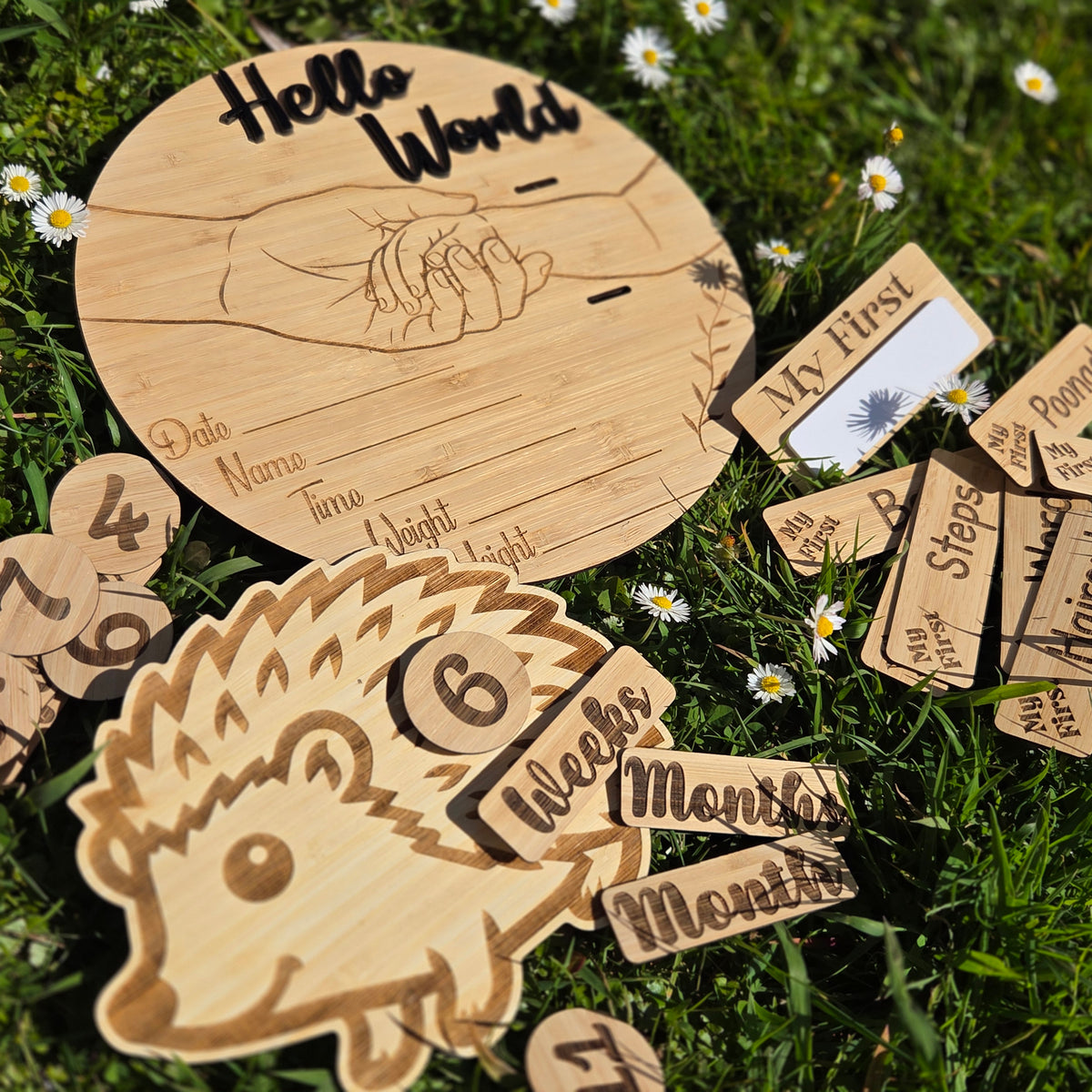 Wooden Baby Milestone Discs & Birth Announcement Set,  Nursery Keepsake Bundle